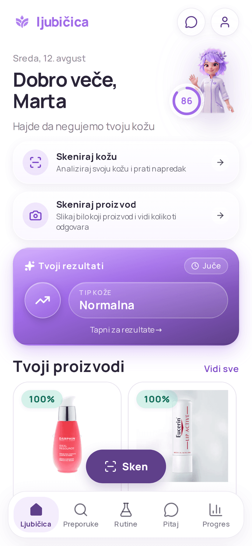 Ljubičica početni ekran: ocena izgleda, tvoji proizvodi i rutina